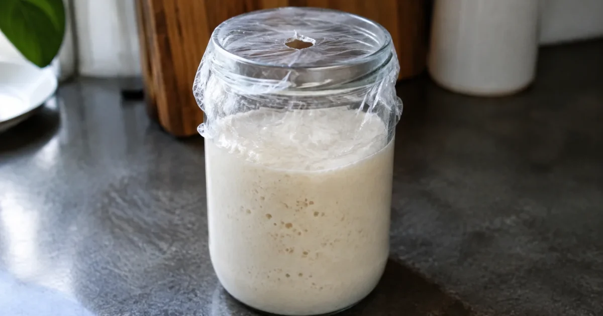 Bocal en verre posé sur comptoir avec film plastique percé