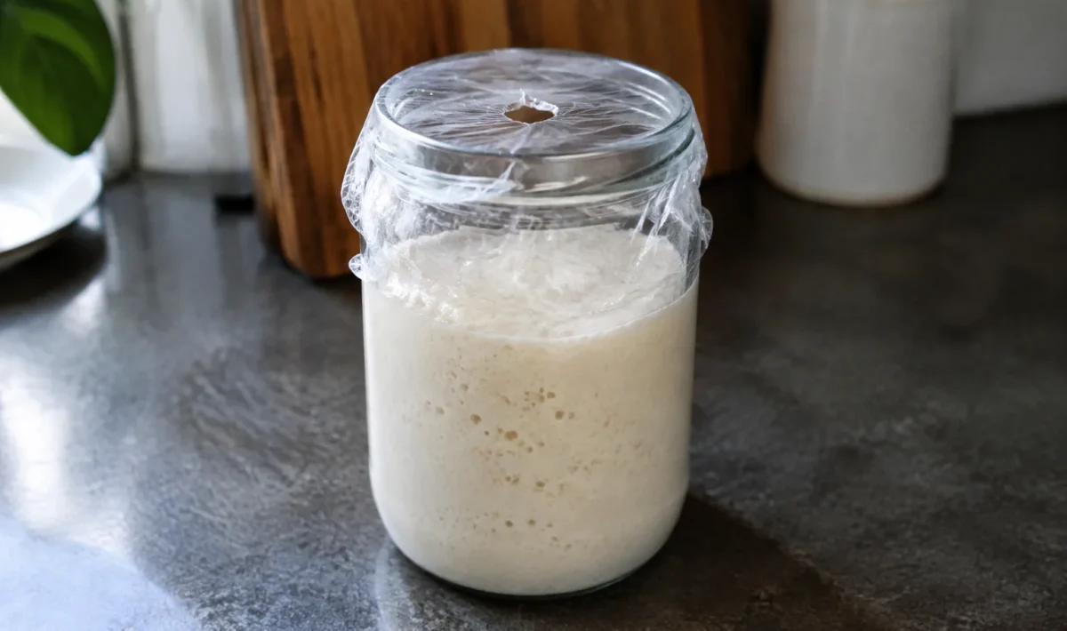 Bocal en verre posé sur comptoir avec film plastique percé