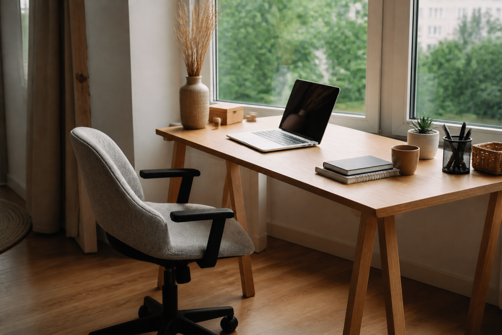 Bureau en bois clair avec chaise reglable pres fenetre