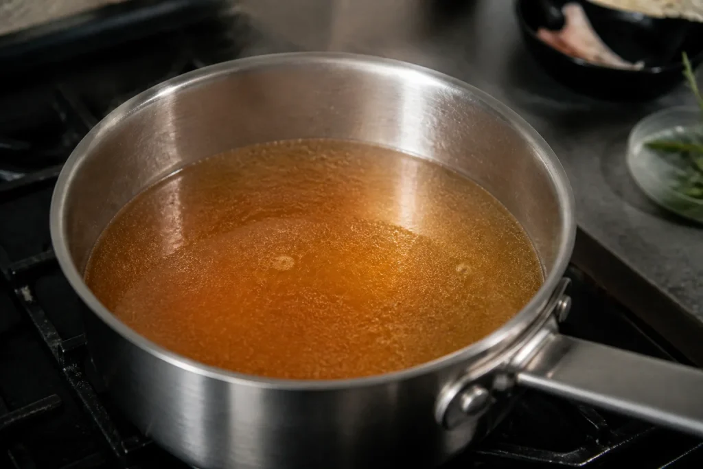 Casserole de bouillon ambre frissonnant sur feu doux