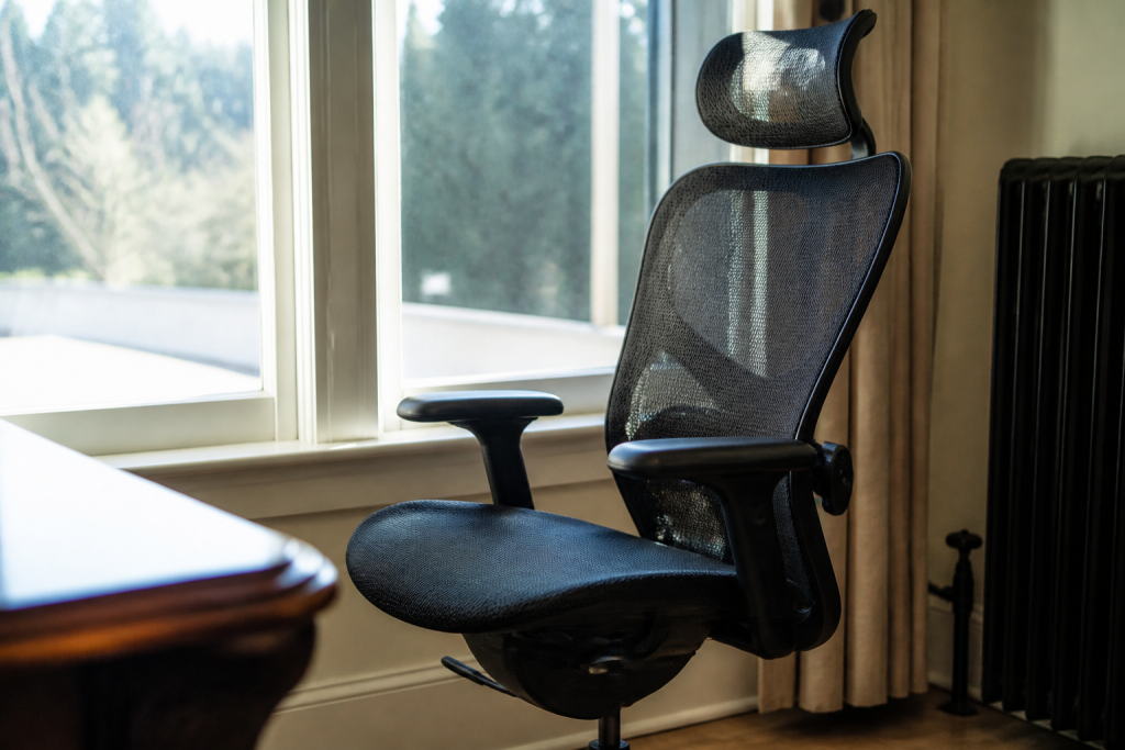 Chaise ergonomique noire reglable pres fenetre lumineuse