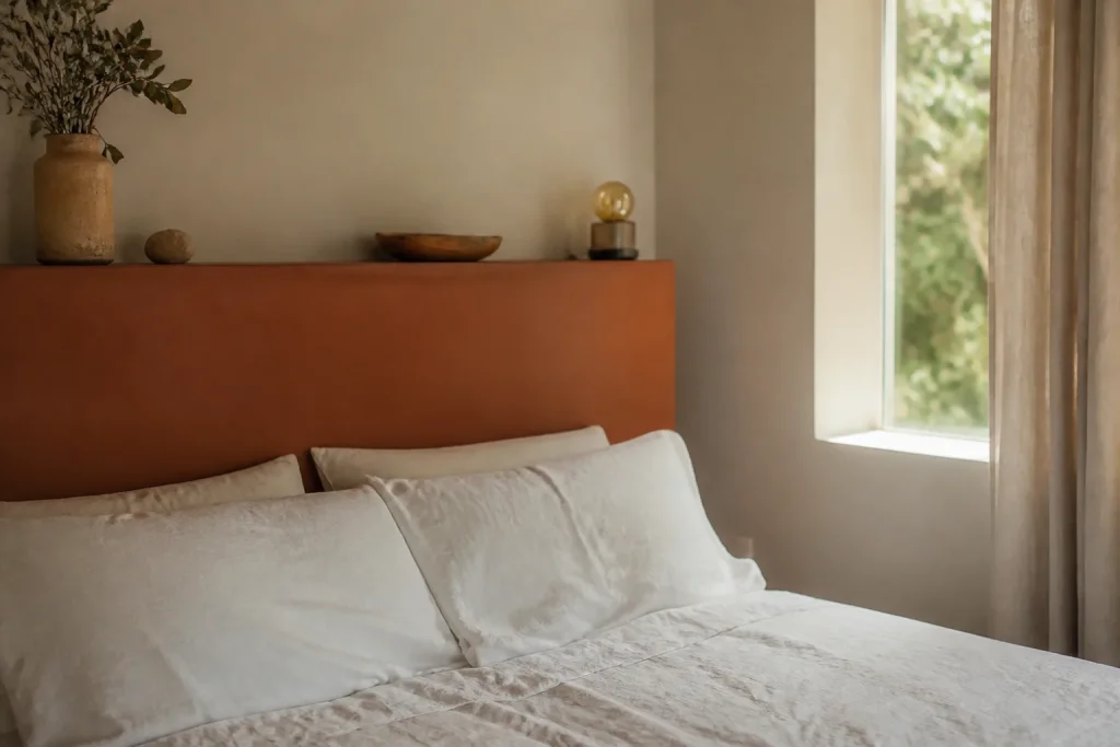 Chambre apaisante avec literie blanche et panneau terracotta