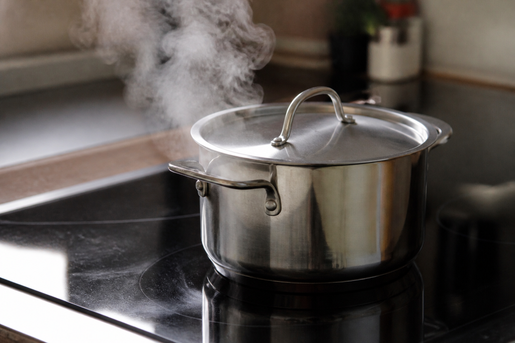 Cocotte en inox avec vapeur sur plaque chauffante