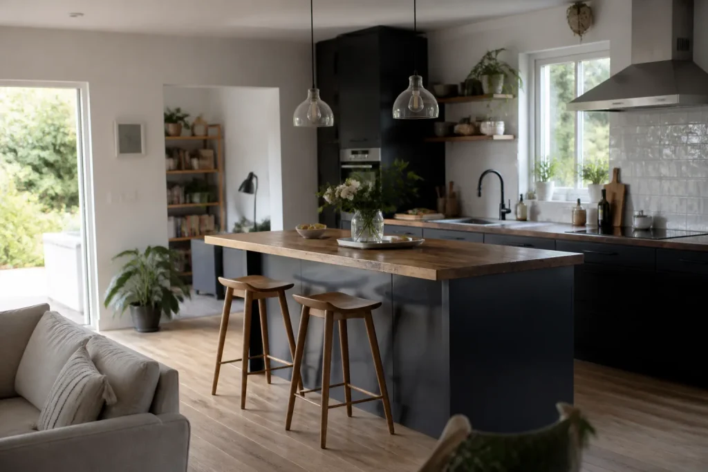 Cuisine ouverte lumineuse avec ilot central en bois