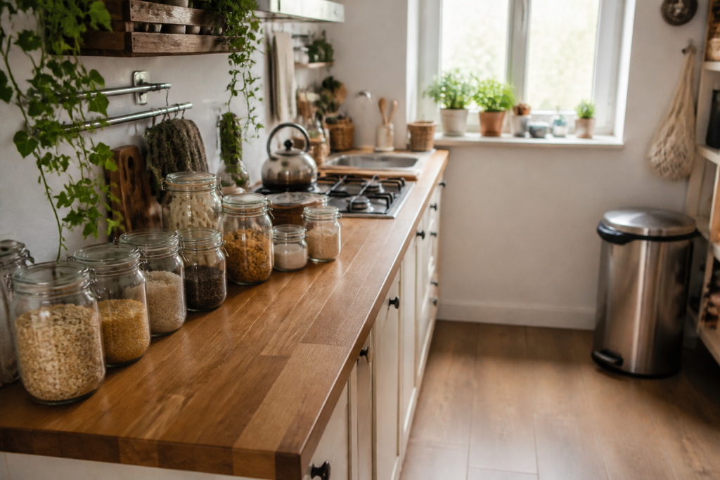 Cuisine propre avec bocaux en verre et poubelle couverte