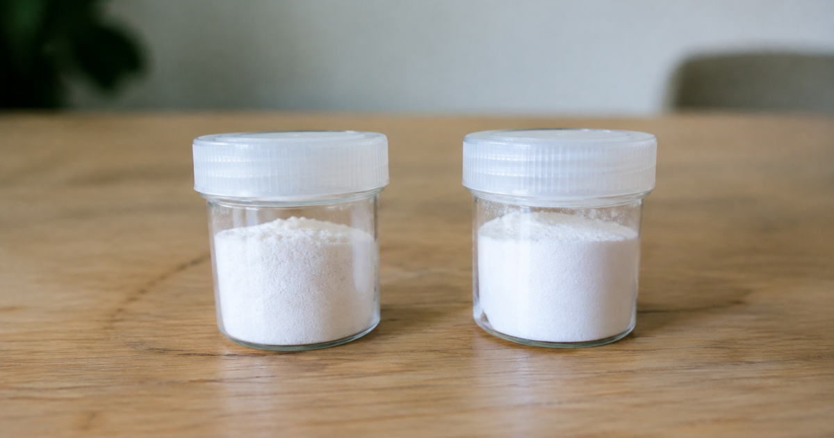 Deux petits pots de poudre blanche alignés