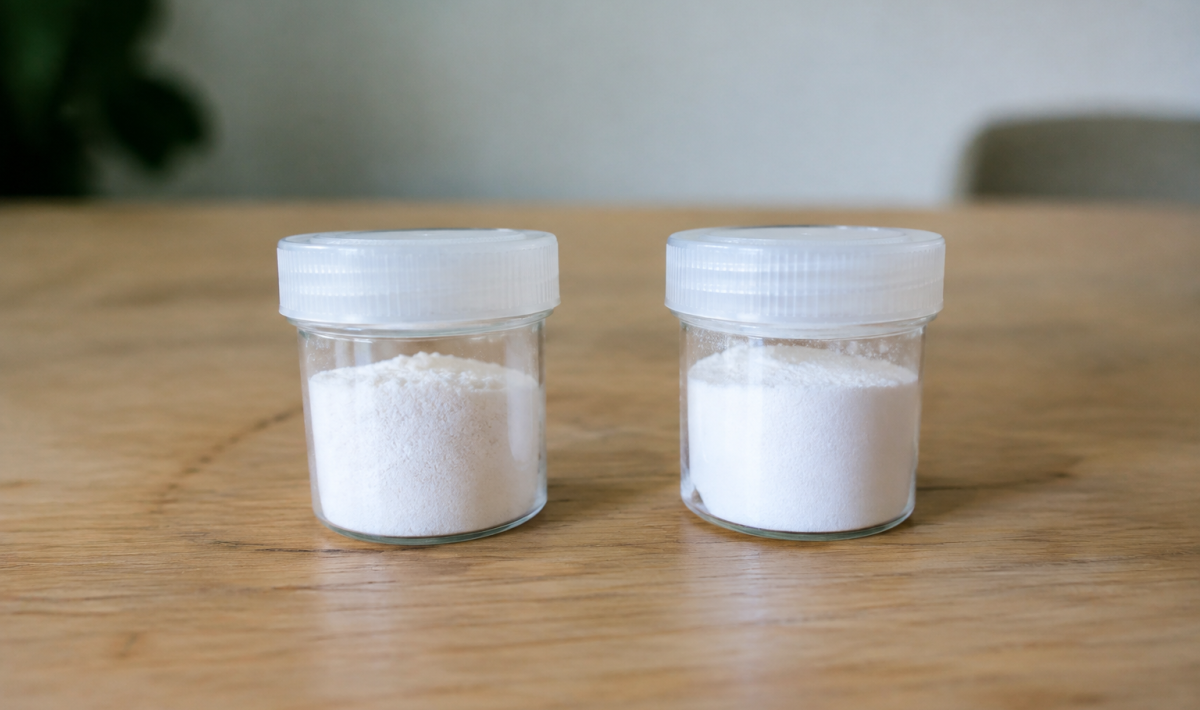 Deux petits pots de poudre blanche alignés