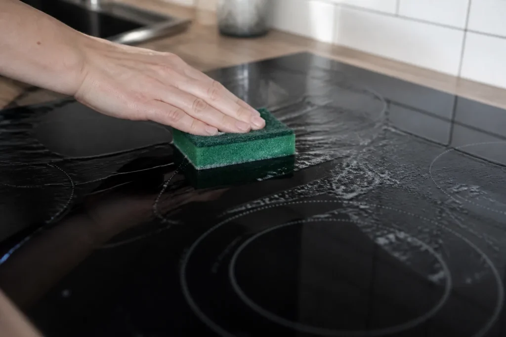 Eponge verte frottant une plaque de cuisson