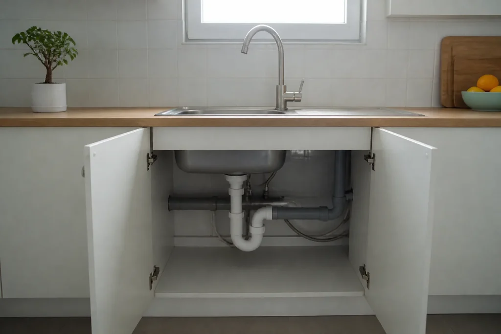 Evier de cuisine propre avec siphon visible sous lavabo
