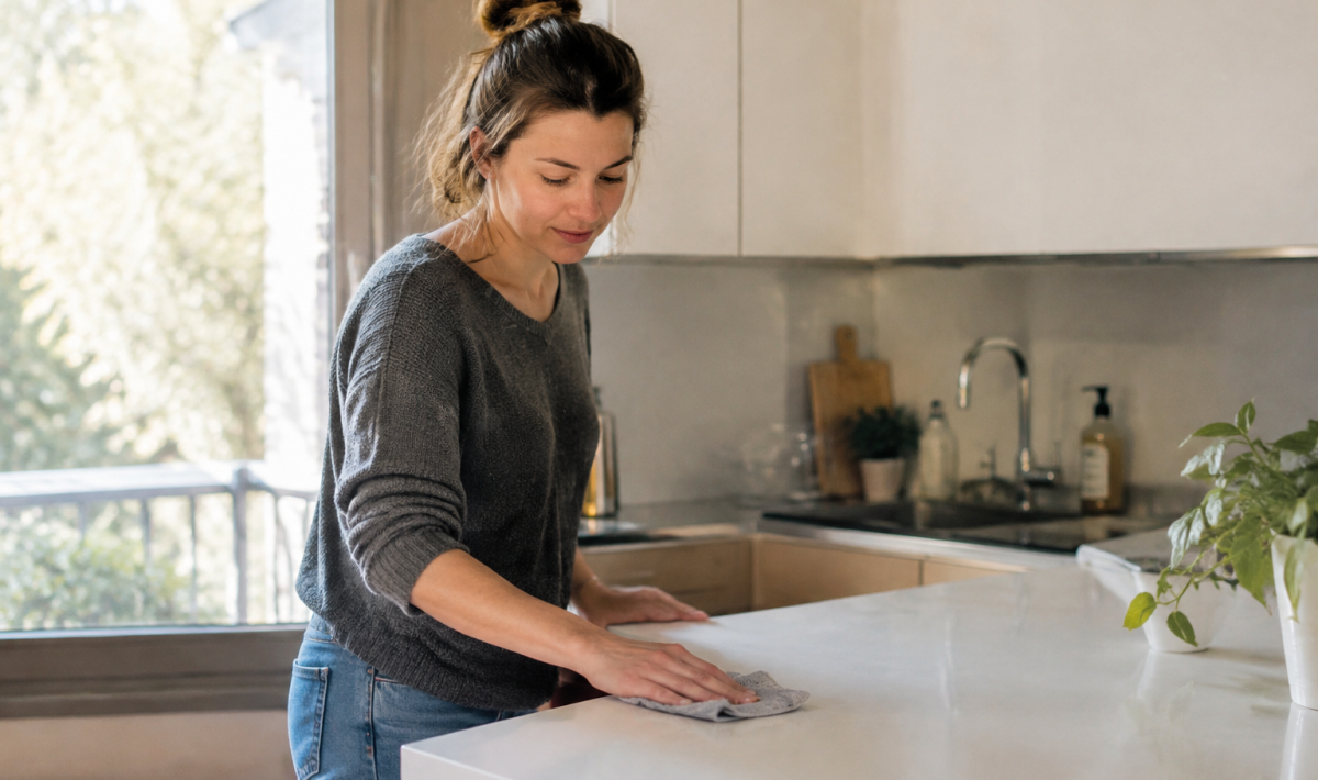 Femme debout essuie le plan de travail blanc