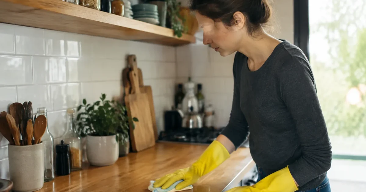 Femme en gants jaunes essuyant un plan de travail