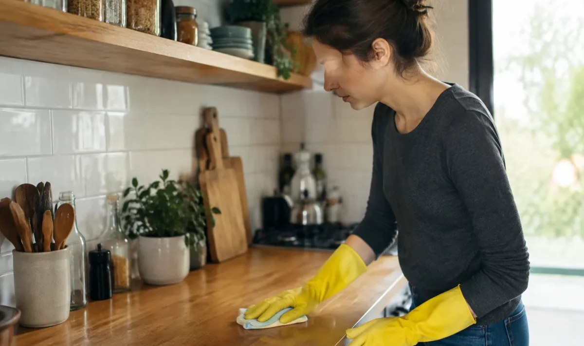 Femme en gants jaunes essuyant un plan de travail