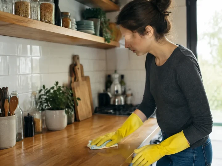 Femme en gants jaunes essuyant un plan de travail