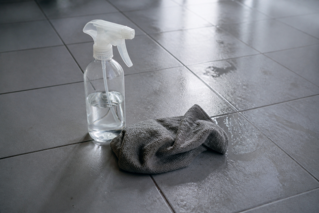 Flacon transparent et chiffon microfibre sur carreau humide
