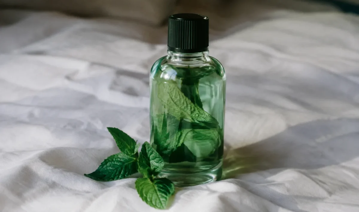 Flacon en verre de menthe posé sur drap blanc