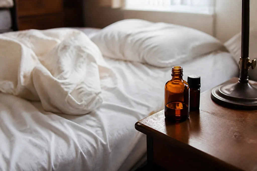Flacons d'huile essentielle ambre pres d'un matelas defait