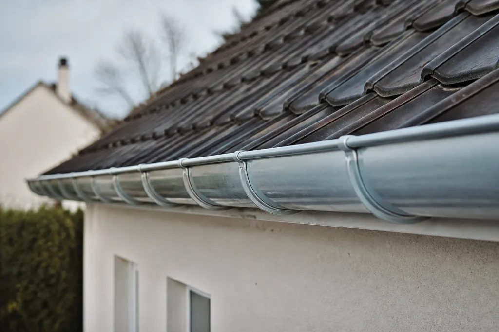 Gouttiere metallique neuve fixee sur toit incline