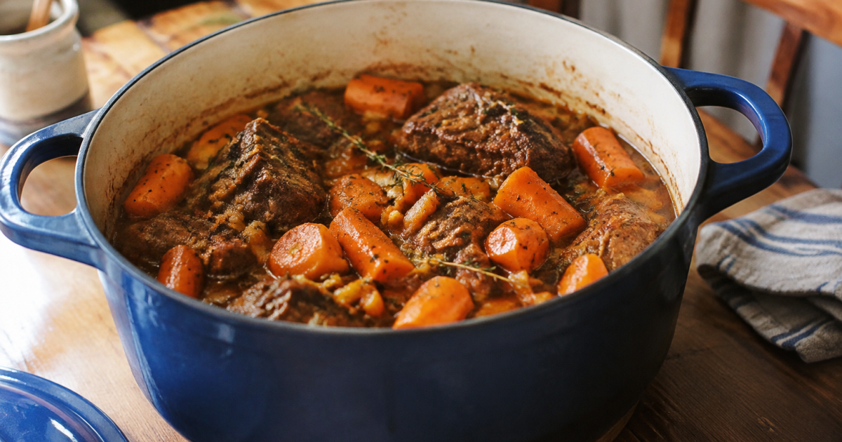 Grande cocotte en fonte remplie de carottes et viande