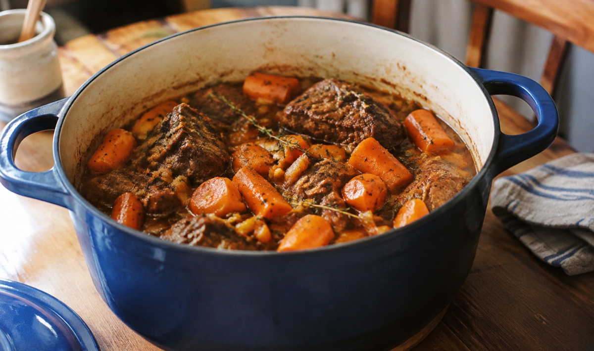 Grande cocotte en fonte remplie de carottes et viande