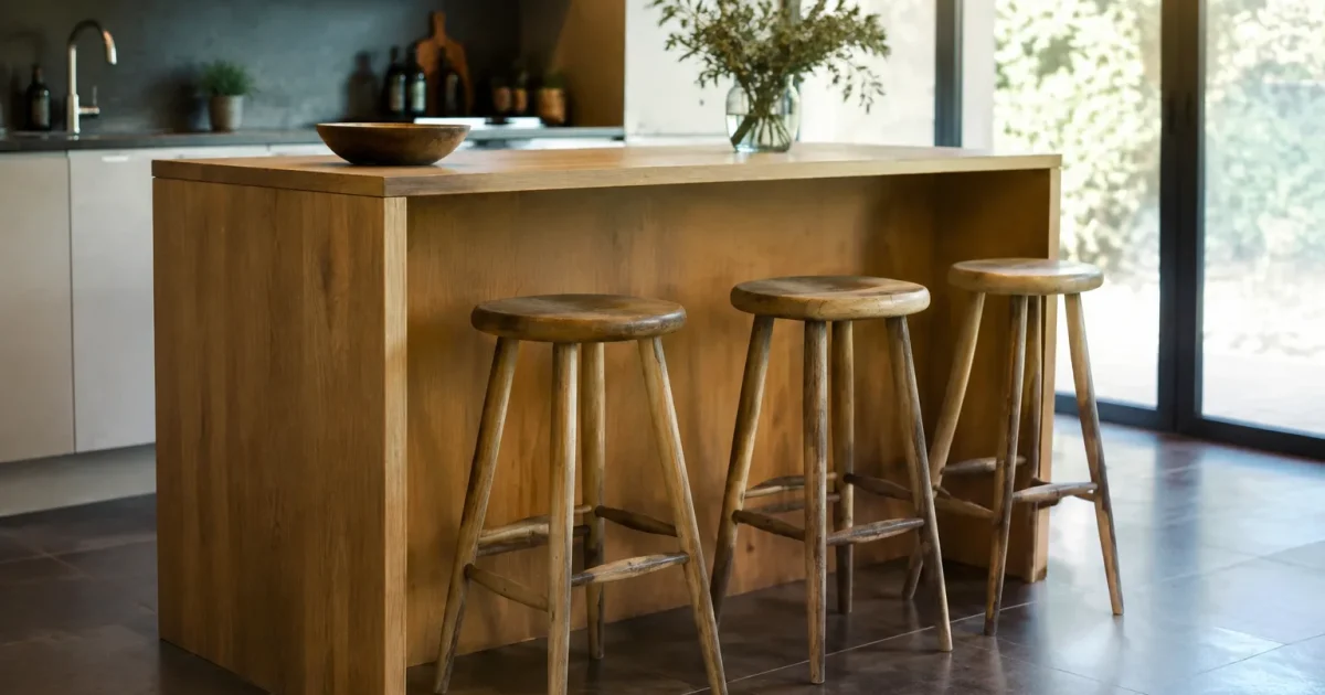 Ilot en bois avec trois tabourets hauts alignes