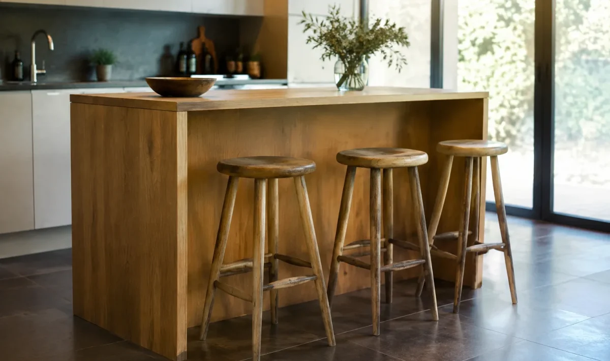 Ilot en bois avec trois tabourets hauts alignes