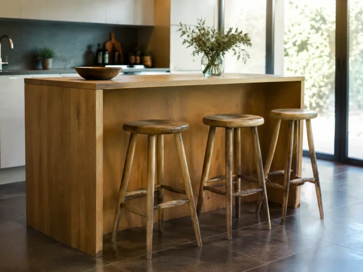 Ilot en bois avec trois tabourets hauts alignes
