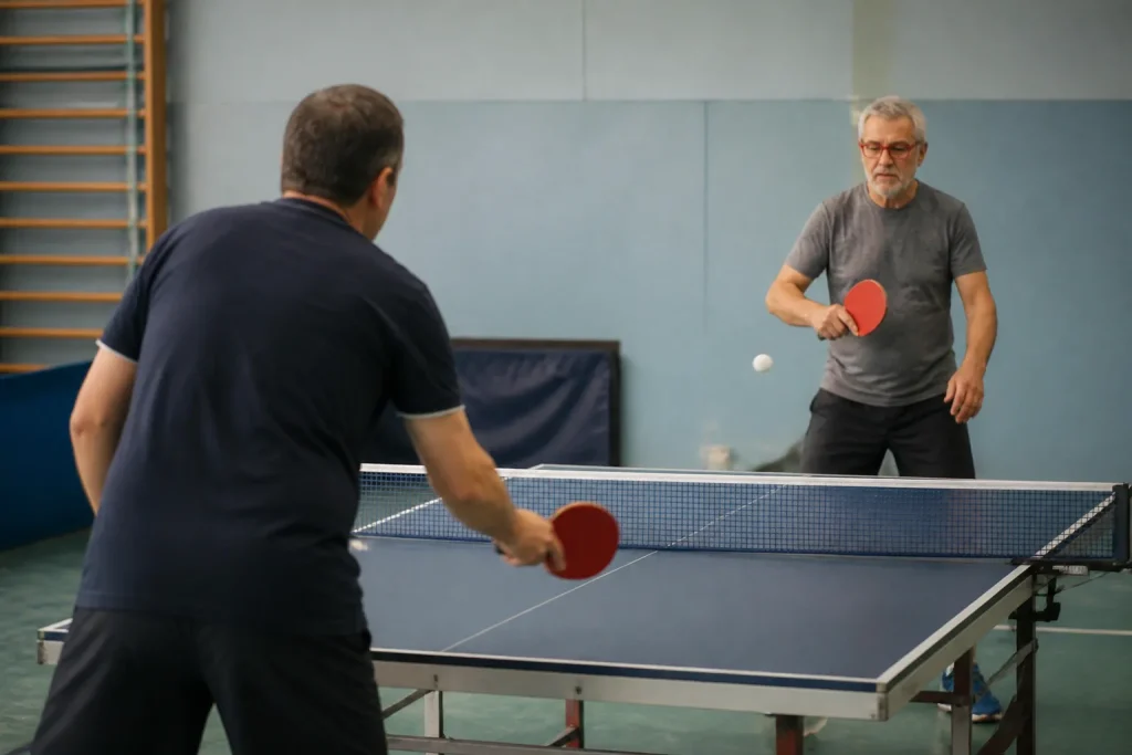 Deux joueurs de ping-pong en salle raquettes rouges