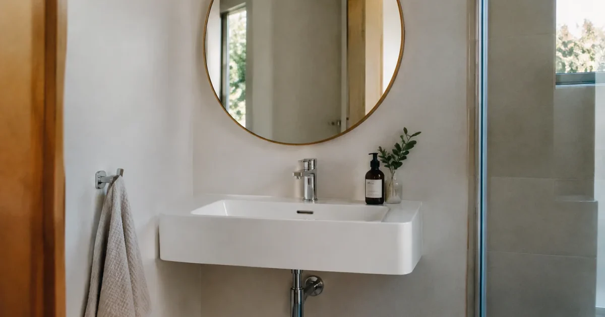 Lavabo blanc suspendu sous miroir rond pres du mur