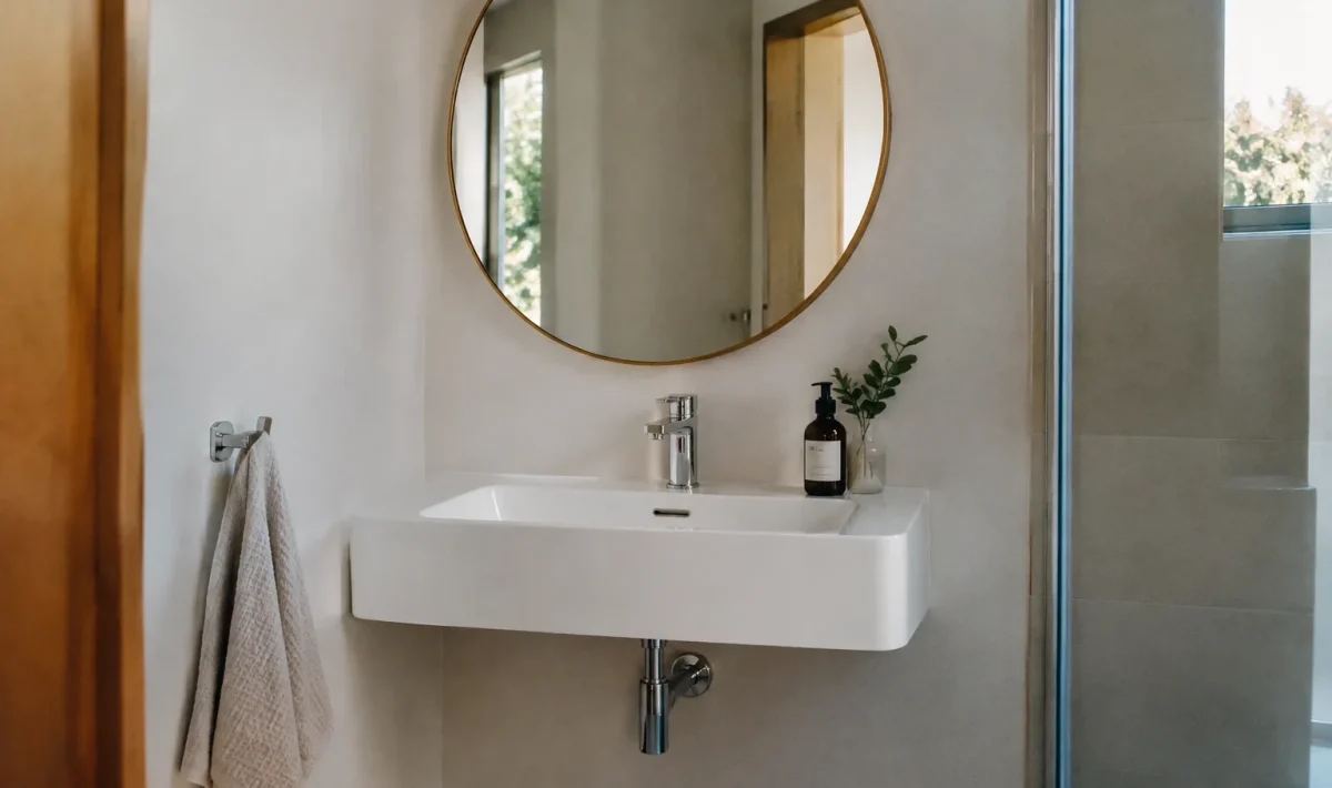Lavabo blanc suspendu sous miroir rond pres du mur