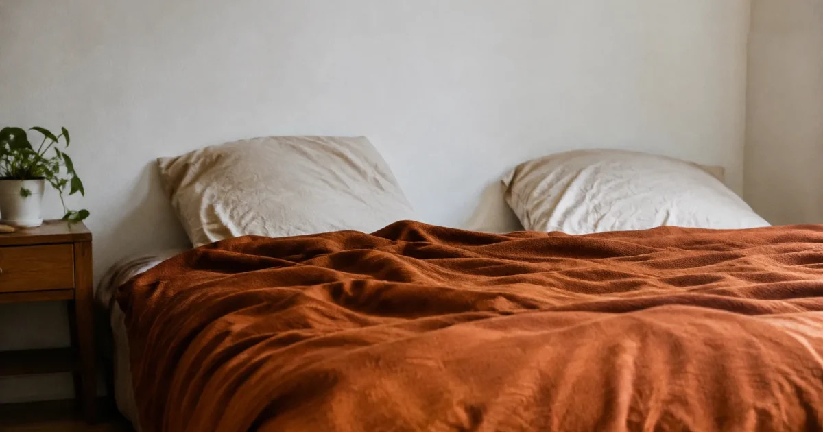 Lit bas recouvert plaid orange brique devant mur blanc