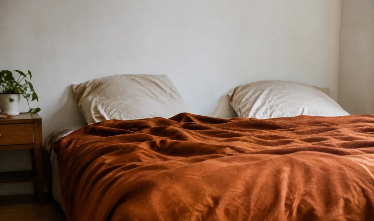 Lit bas recouvert plaid orange brique devant mur blanc