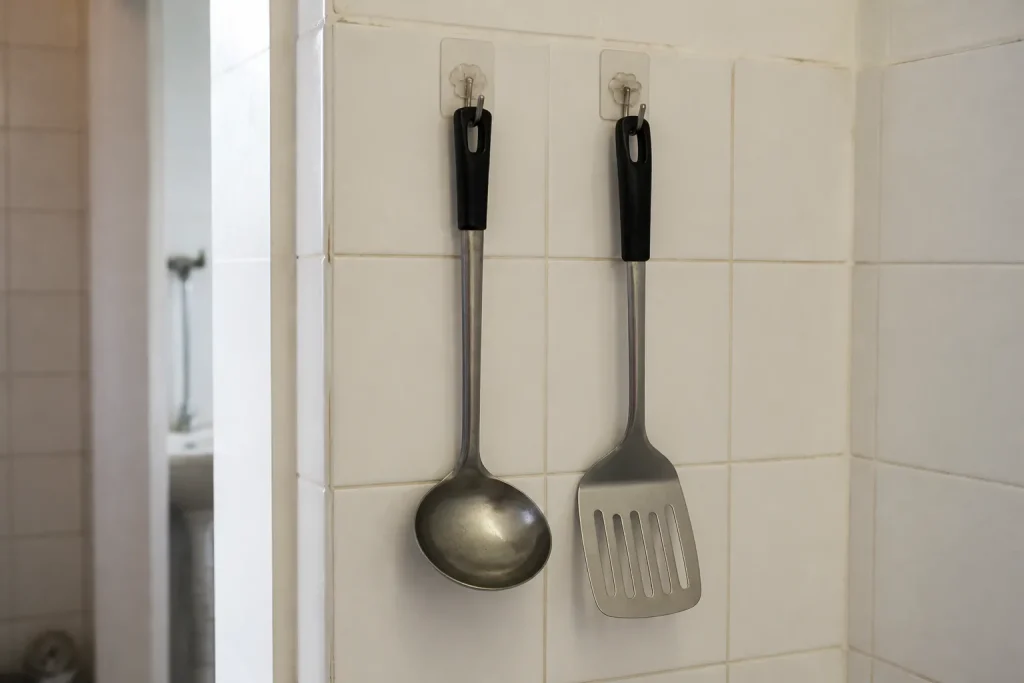 Louche et spatule accrochees au mur carrele