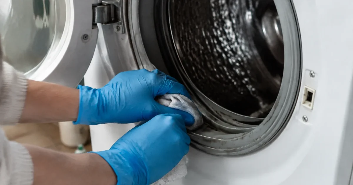 Mains gantées frottant le joint du hublot blanc