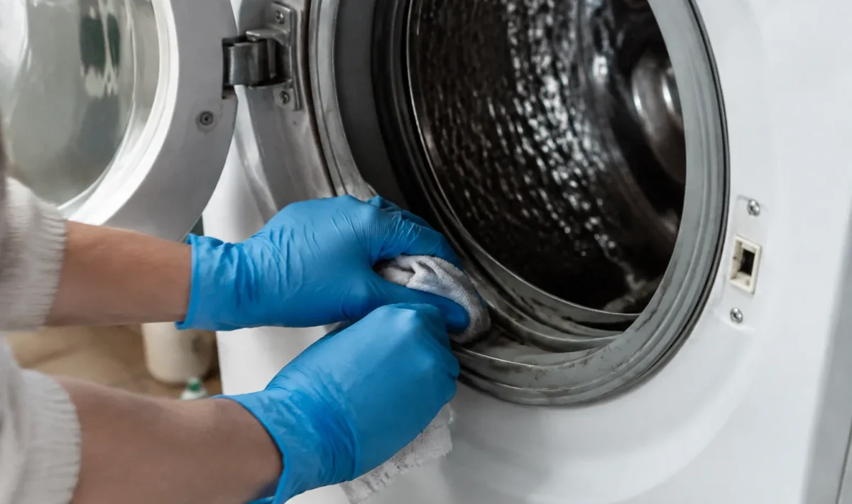 Mains gantées frottant le joint du hublot blanc