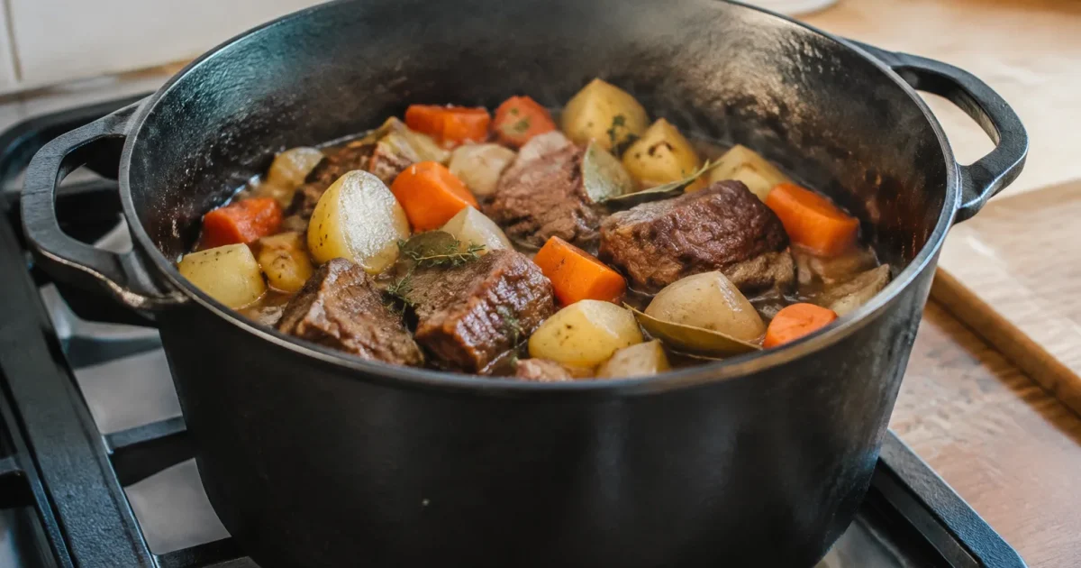 Marmite en fonte posee sur cuisiniere, viande et legumes