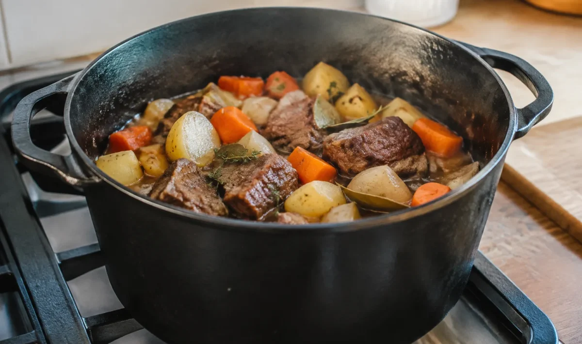 Marmite en fonte posee sur cuisiniere, viande et legumes