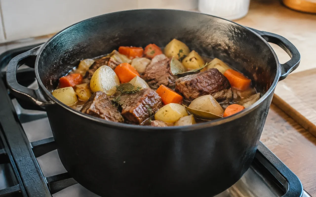 Marmite en fonte posee sur cuisiniere, viande et legumes
