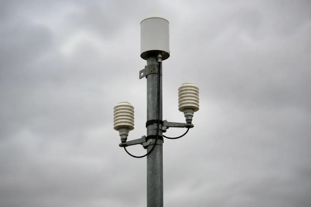 Mat metallique avec capteurs blancs sous un ciel gris