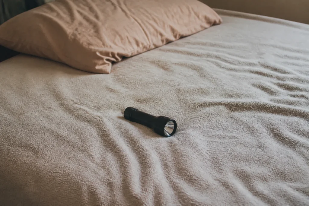 Matelas beige et lampe torche sur lit