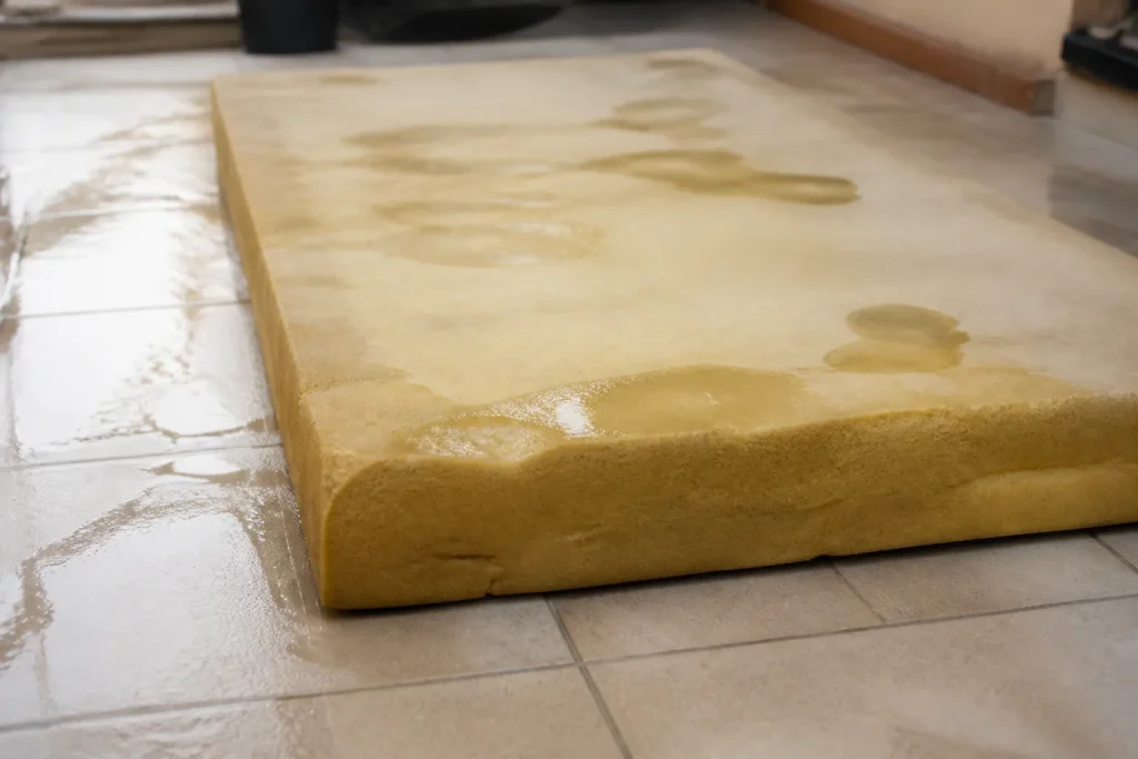 Matelas en mousse humide pose sur sol carrele