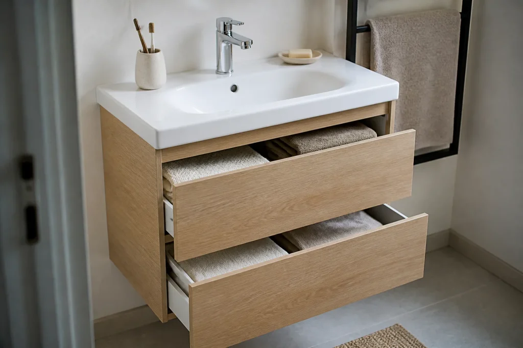 Meuble vasque peu profond avec tiroirs et serviettes pliees