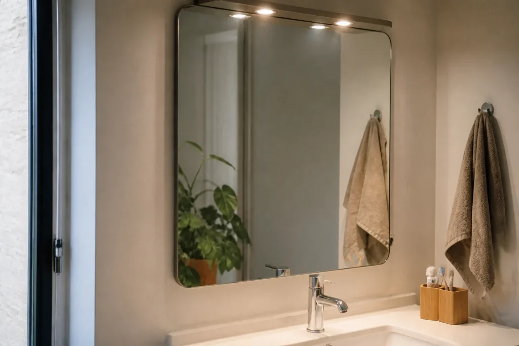 Miroir de salle de bain eclaire par spots LED