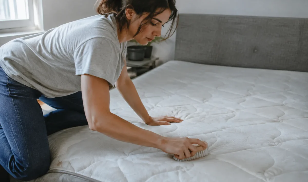 Personne agenouillee frottant matelas blanc avec brosse