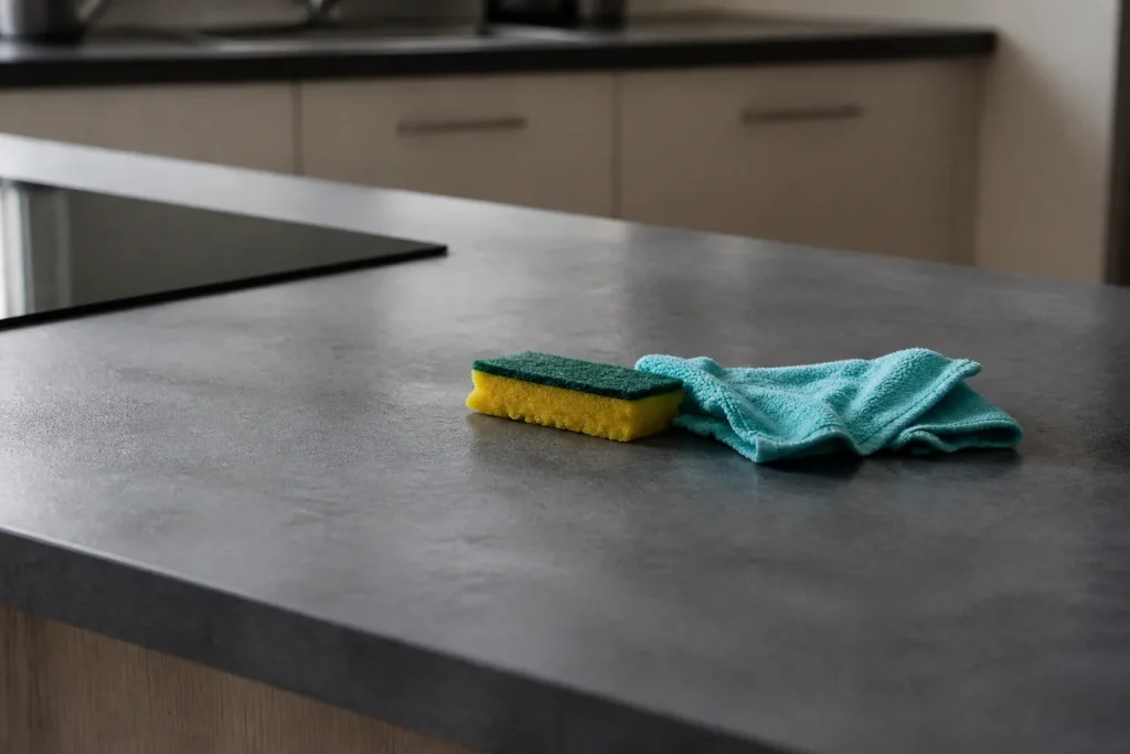 Plan de travail propre avec eponge et chiffon humide