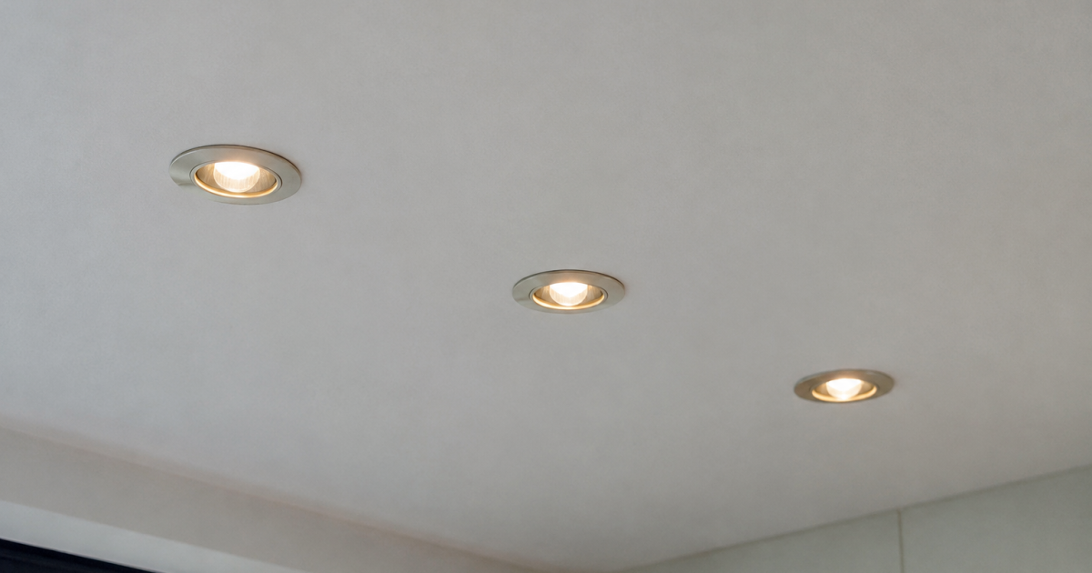 Trois spots LED encastres dans un plafond blanc
