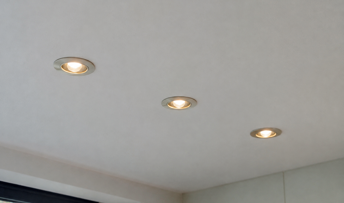 Trois spots LED encastres dans un plafond blanc