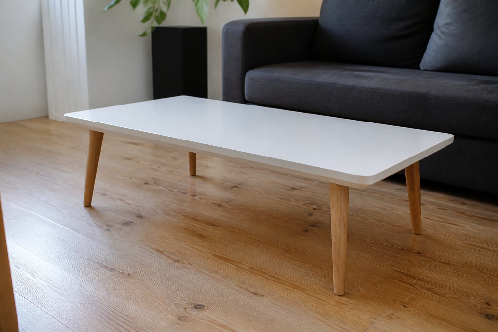 Table basse repeinte en blanc aux pieds neufs