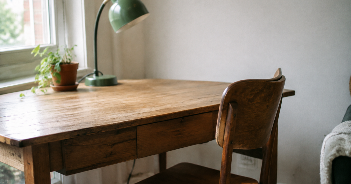 Table en bois avec lampe verte et chaise