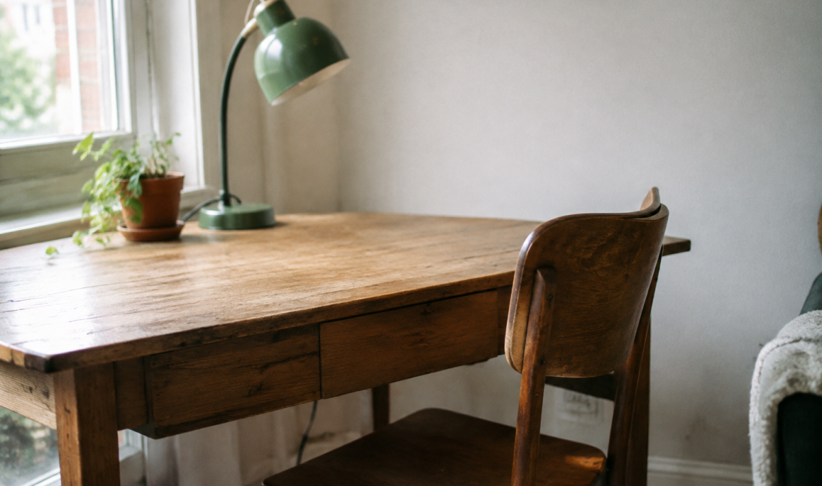 Table en bois avec lampe verte et chaise