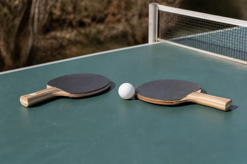 Table verte avec deux raquettes et balle blanche